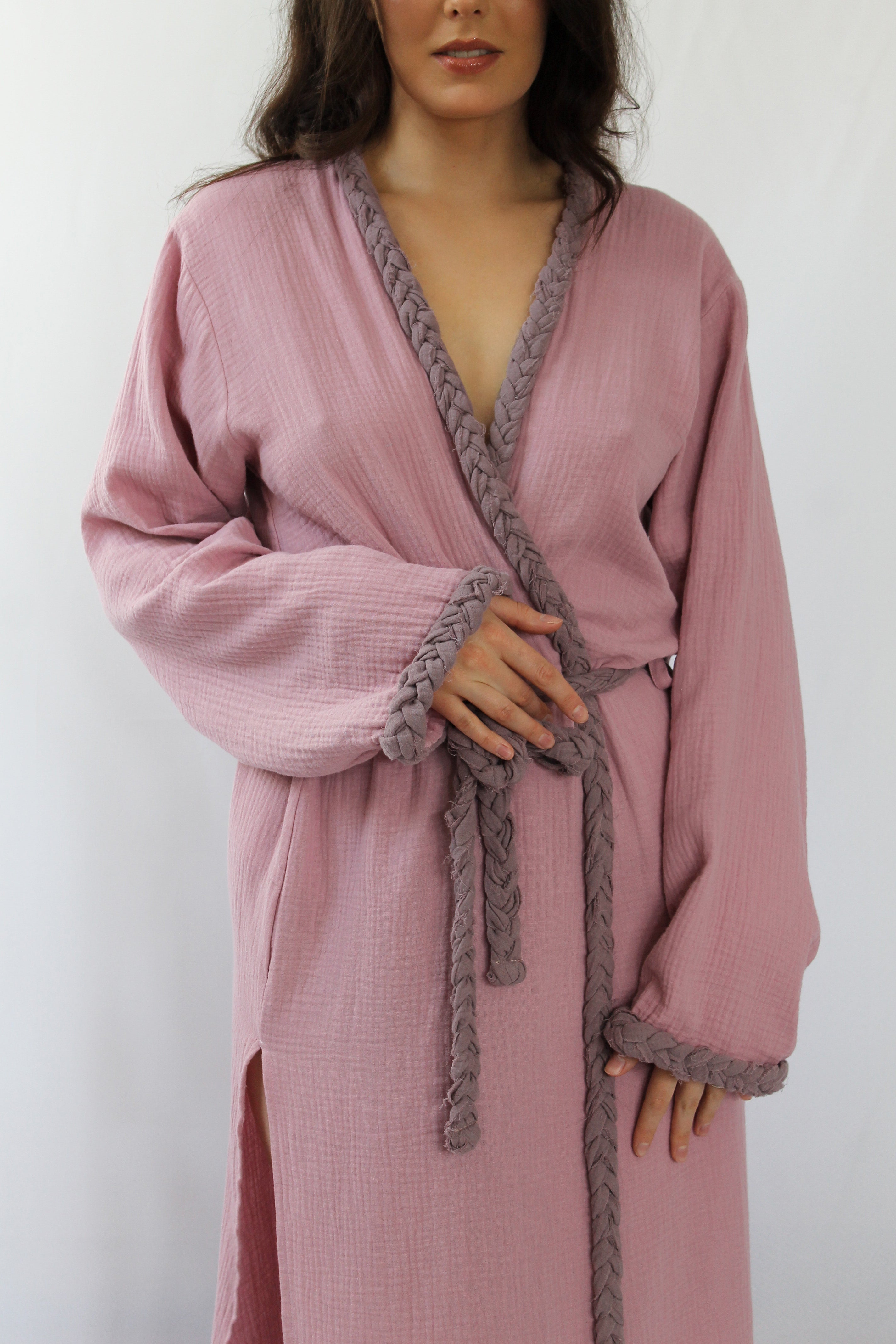 The Pinta Robe in Blush — handmade cotton wrap robe with braided neckline and cuffs, Ryehem slow fashion