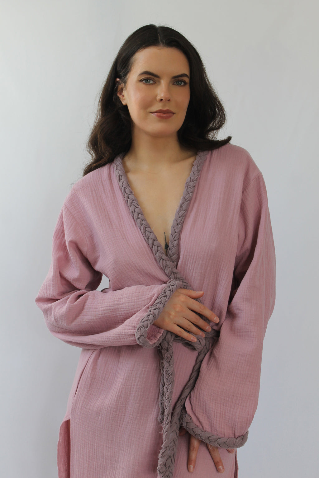 The Pinta Robe in Blush — handmade cotton wrap robe with braided neckline and cuffs, Ryehem slow fashion