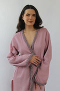 The Pinta Robe in Blush — handmade cotton wrap robe with braided neckline and cuffs, Ryehem slow fashion