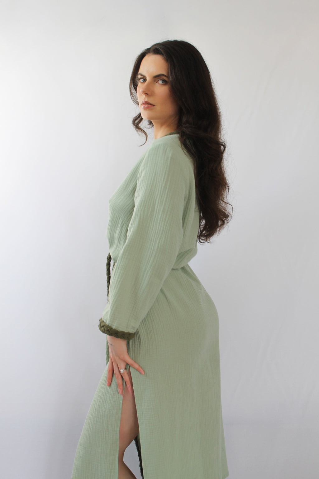 The Pinta Robe in Sage — natural cotton wrap robe, handmade to order in Vilnius, Lithuania
