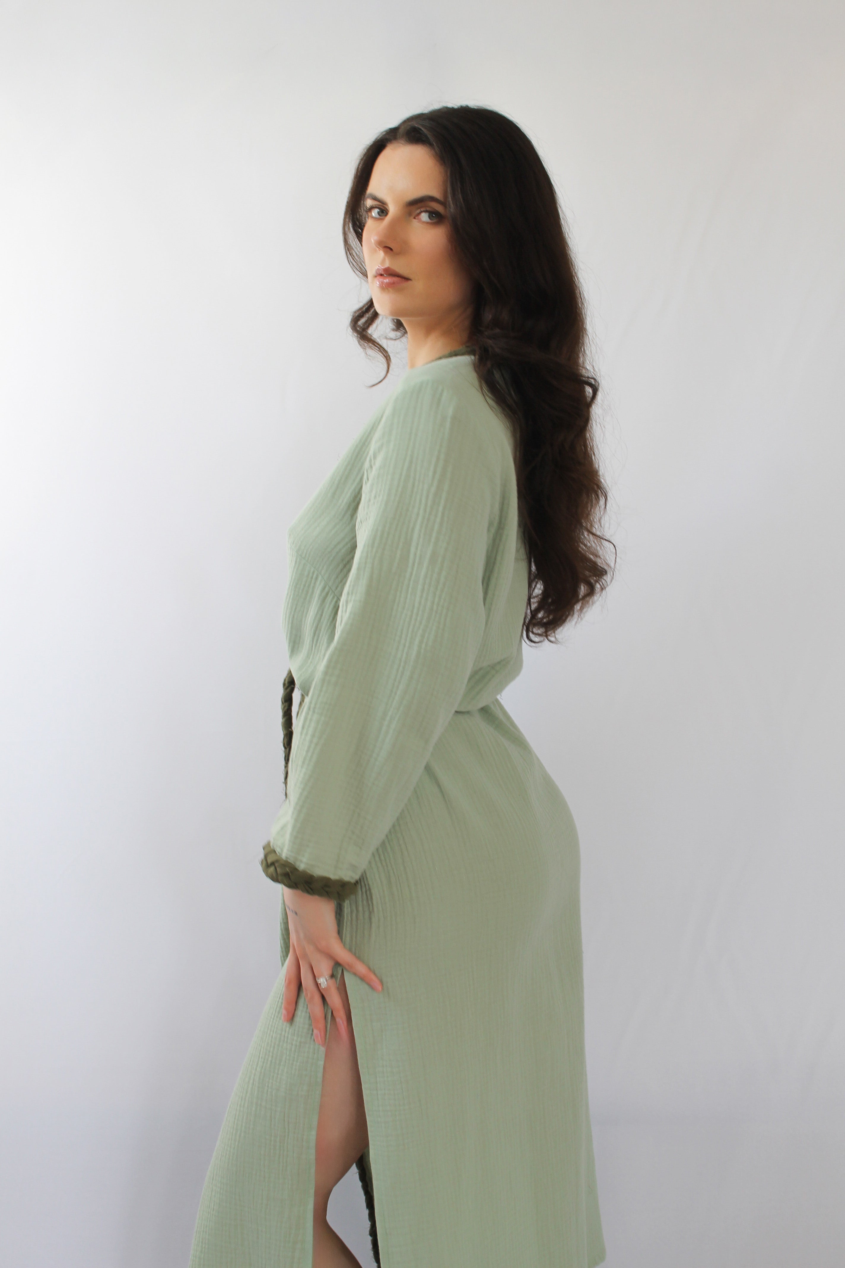 The Pinta Robe in Sage — natural cotton wrap robe, handmade to order in Vilnius, Lithuania
