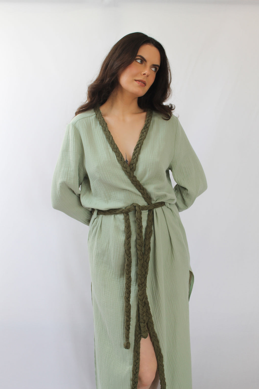 The Pinta Robe in Sage — natural cotton wrap robe, handmade to order in Vilnius, Lithuania
