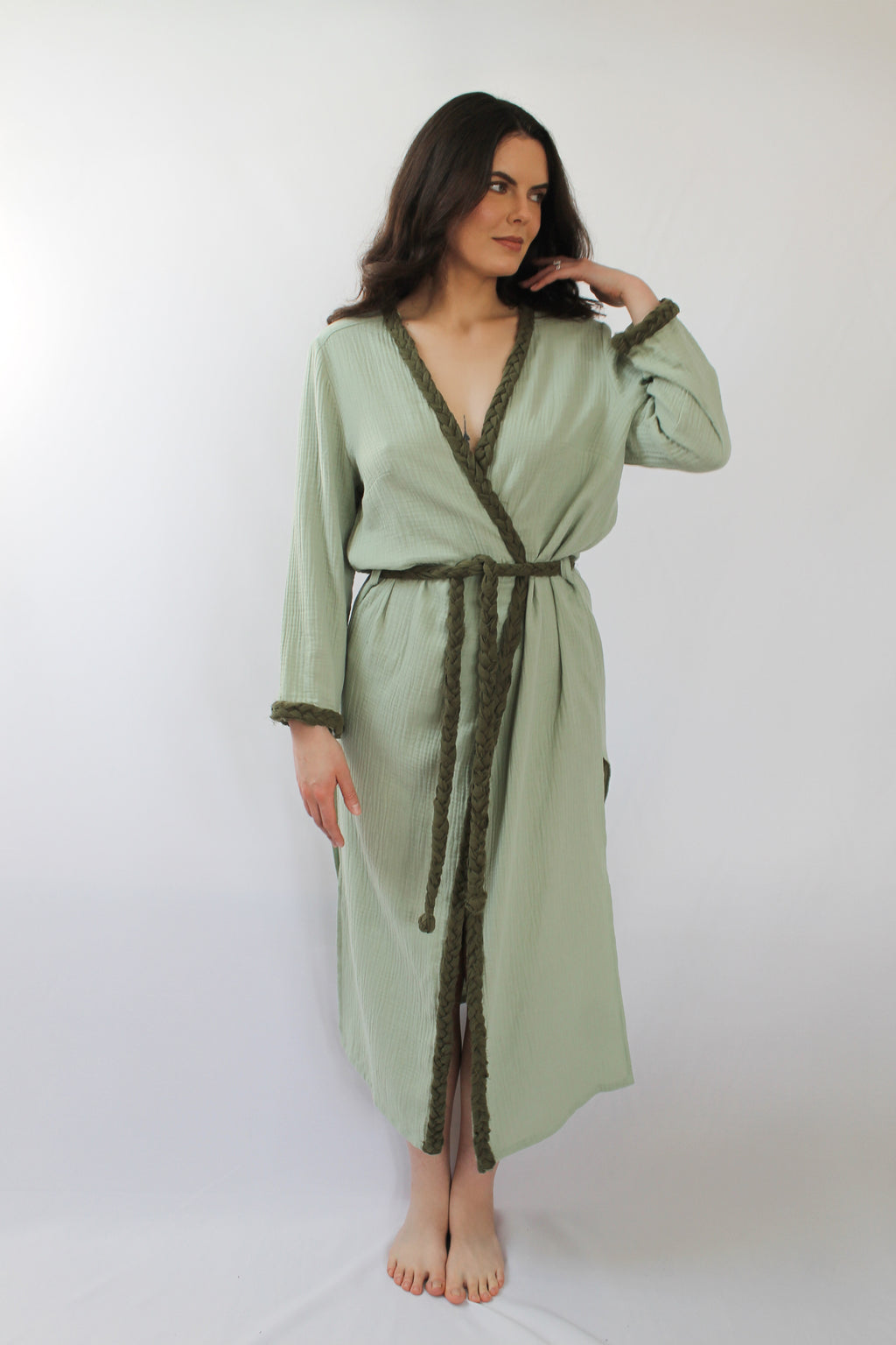 The Pinta Robe in Sage — natural cotton wrap robe, handmade to order in Vilnius, Lithuania