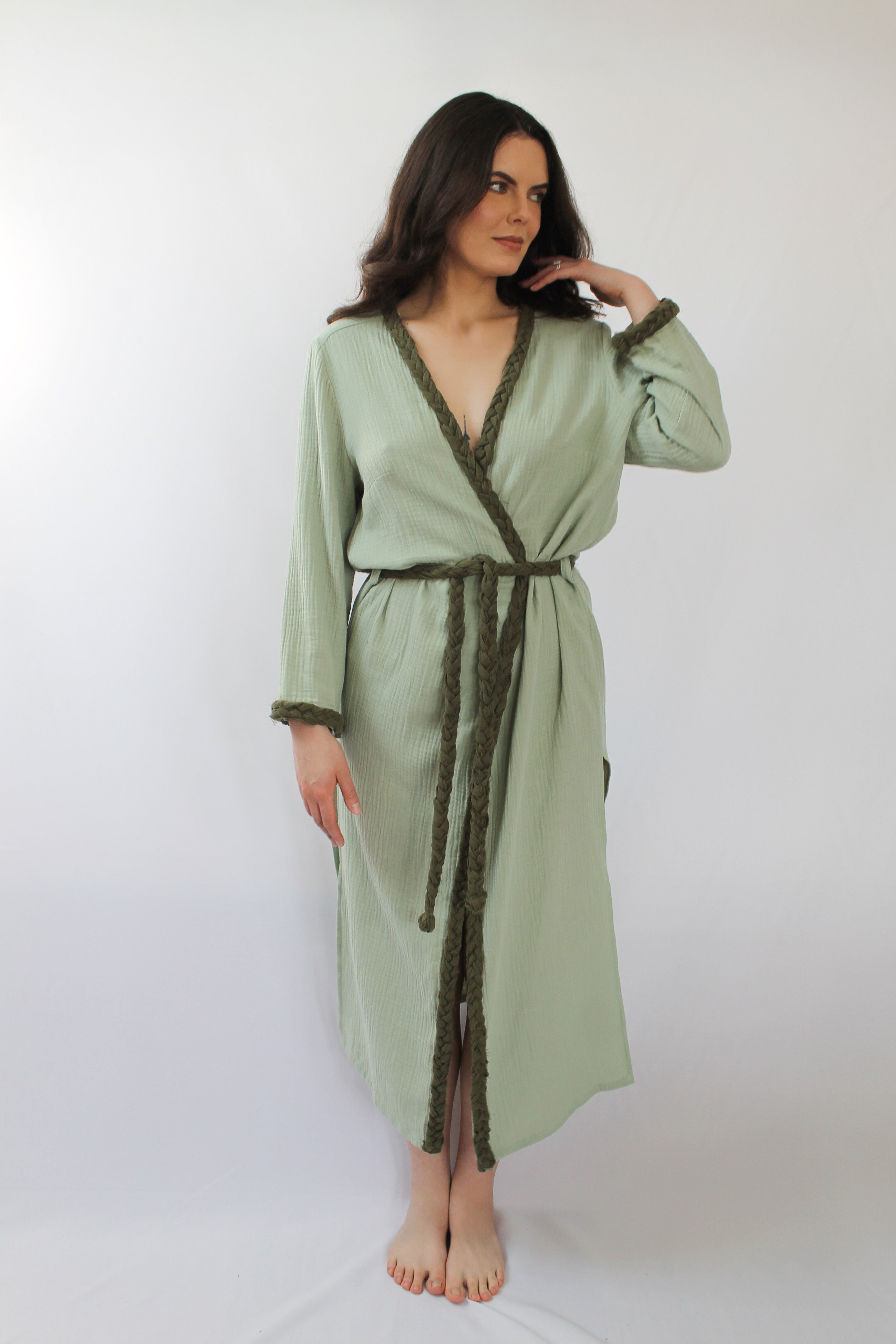The Pinta Robe in Sage — natural cotton wrap robe, handmade to order in Vilnius, Lithuania