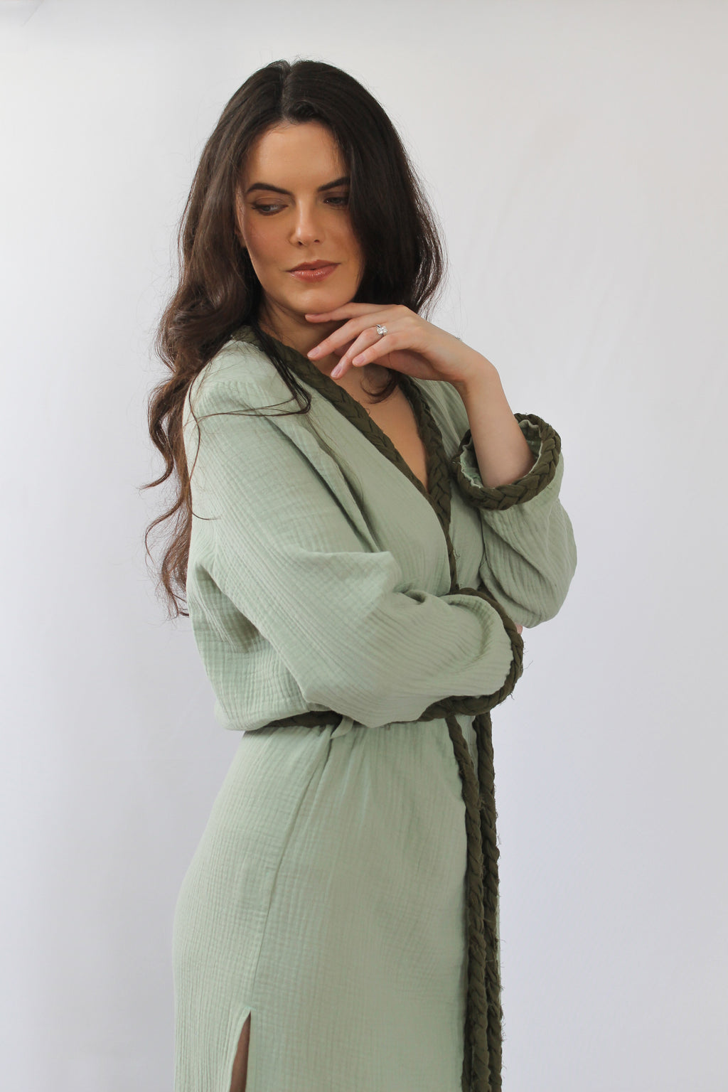 The Pinta Robe in Sage — natural cotton wrap robe, handmade to order in Vilnius, Lithuania
