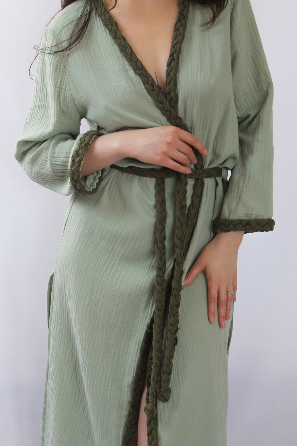 The Pinta Robe in Sage — natural cotton wrap robe, handmade to order in Vilnius, Lithuania
