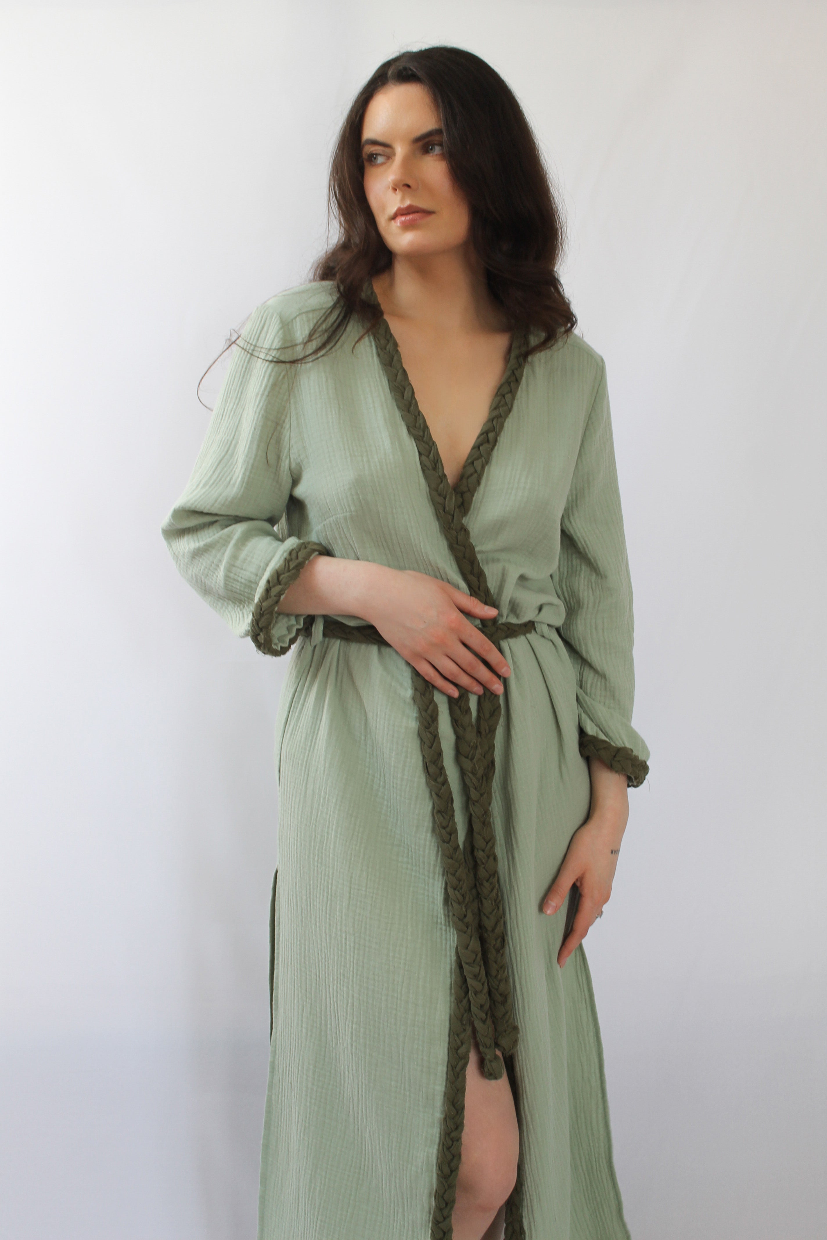 The Pinta Robe in Sage — natural cotton wrap robe, handmade to order in Vilnius, Lithuania
